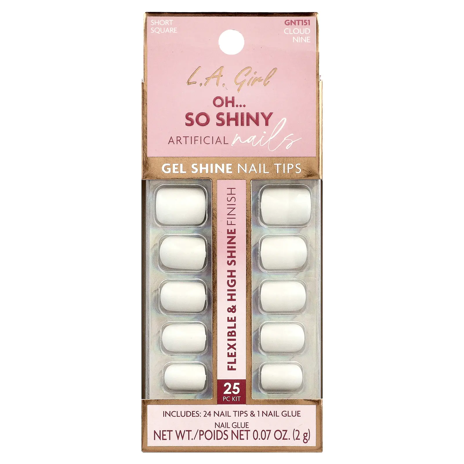 L.A. Girl Oh So Shiny Artificial Nails, Gel Shine Nail Tips, GNT151 Cloud Nine, 25 Piece Kit