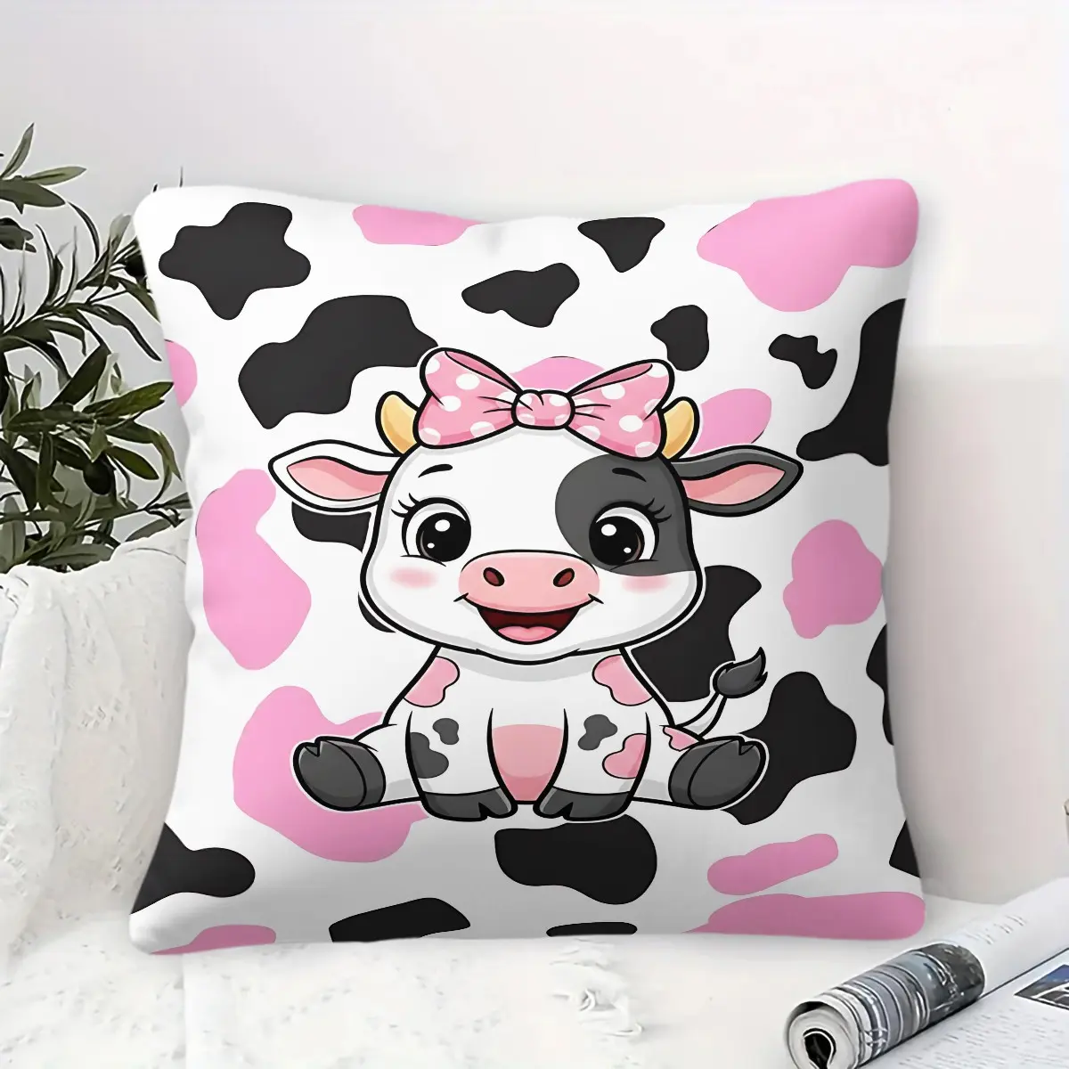 [Digital Throw Pillow] Cute Cartoon Cow Pattern Pillow - Soft Fabric With Pink Bow Cow Illustration - Vibrant HD Print - Machine Washable Decorative Cushion For Modern Bedroom, Nursery, Or Living Room Decor - 45 × 45cm Includes Pillow Insert Zipper