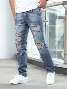 Men's Ripped Denim Jeans, Distressed Ripped Knee, Slim Fit Skinny Pants, Comfortable Conical Leg Design, Casual Fashion, Perfect for Daily Wear