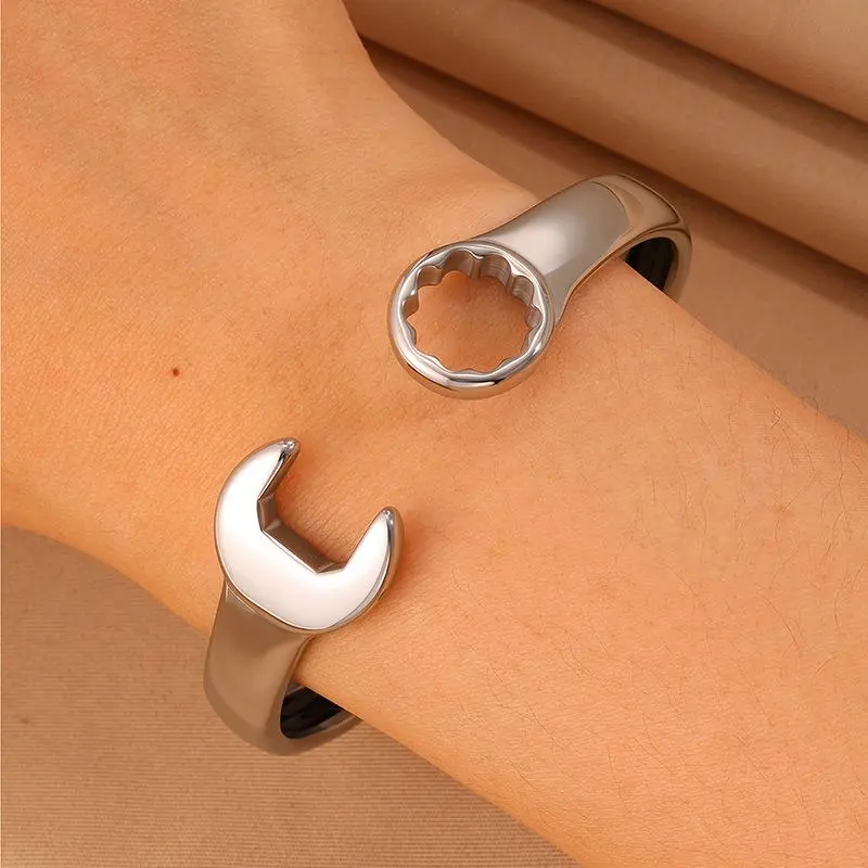 Retro Wrench Open Cuff Fashion Bracelet, an Elegant Minimalist Bangle in Polished Titanium Steel for Unisex Casual Wear, Polished Finish, Daily