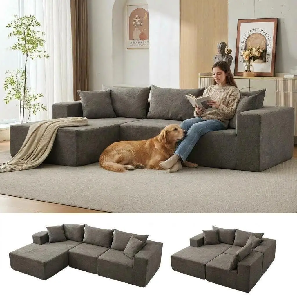 GARVEE 108" L Shaped Boneless Couch, Cotton Linen Fabric Cloud Couch with Left Facing Chaise, No-Assembly Modular Sectional Sofas for Living Room, Gray