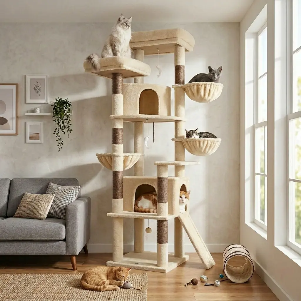 DESKAT F76 76-in Freestanding Cat Tree with Natural Sisal Scratcher, Wobble-free Base, 2 Condos, 3 Hammocks, 2 Plush Perches, Privacy Zones for Large Breeds, Maine Coon & Small Cats - Contemporary Single Unit for Living Room