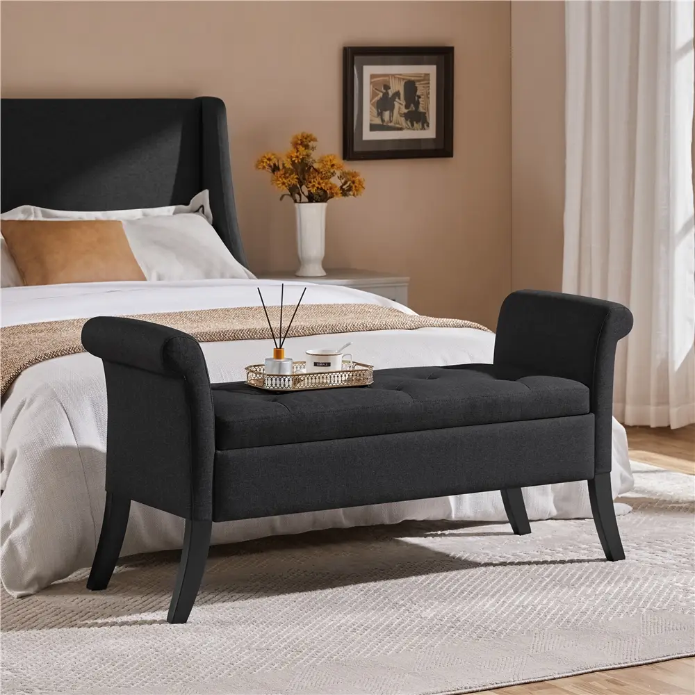Yaheetech 52in Storage Bench Ottoman Bench Tufted Entryway Bench with Rolled Armrests Footstool with Large Storage, Fabric/Faux Leather