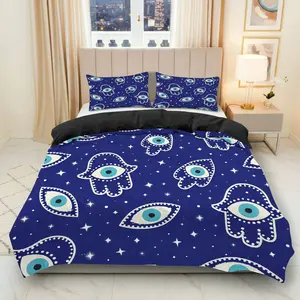 3PCS Duvet Cover Set, 1 Duvet+2 Pillowcases(Without filler), Hamsa Evil Eye Starry Night Blue Boho theme, New Year bedding set, Protection Symbol Mystic Suitable for decoration bedroom, guest room, dorm, apartment.