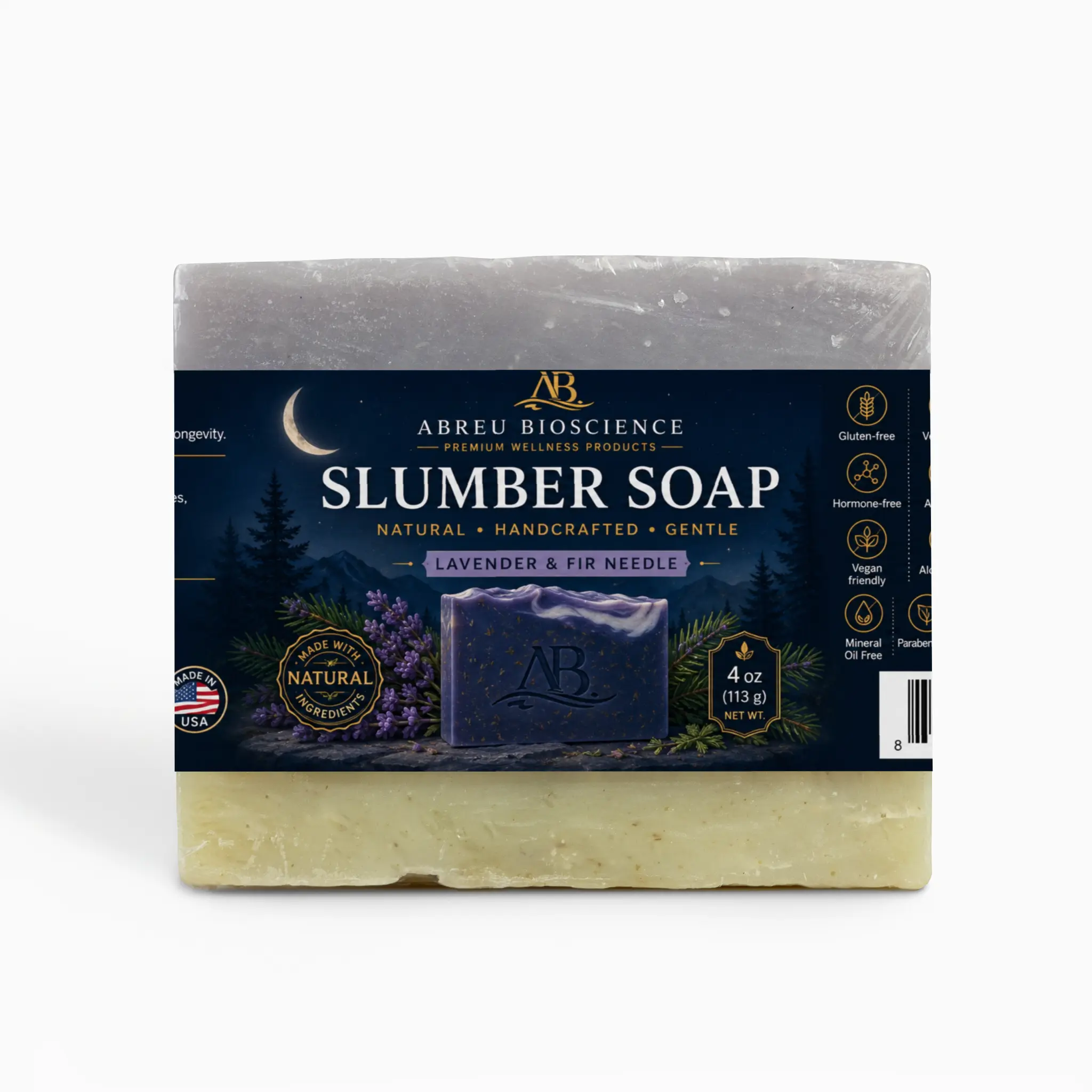 Abreu Bioscience Organic Slumber Soap - Lavender & Fir Needle Scent - 4 oz Natural Handcrafted Gentle Bath Soap - Gluten-Free, Vegan, Hormone-Free - Made in USA