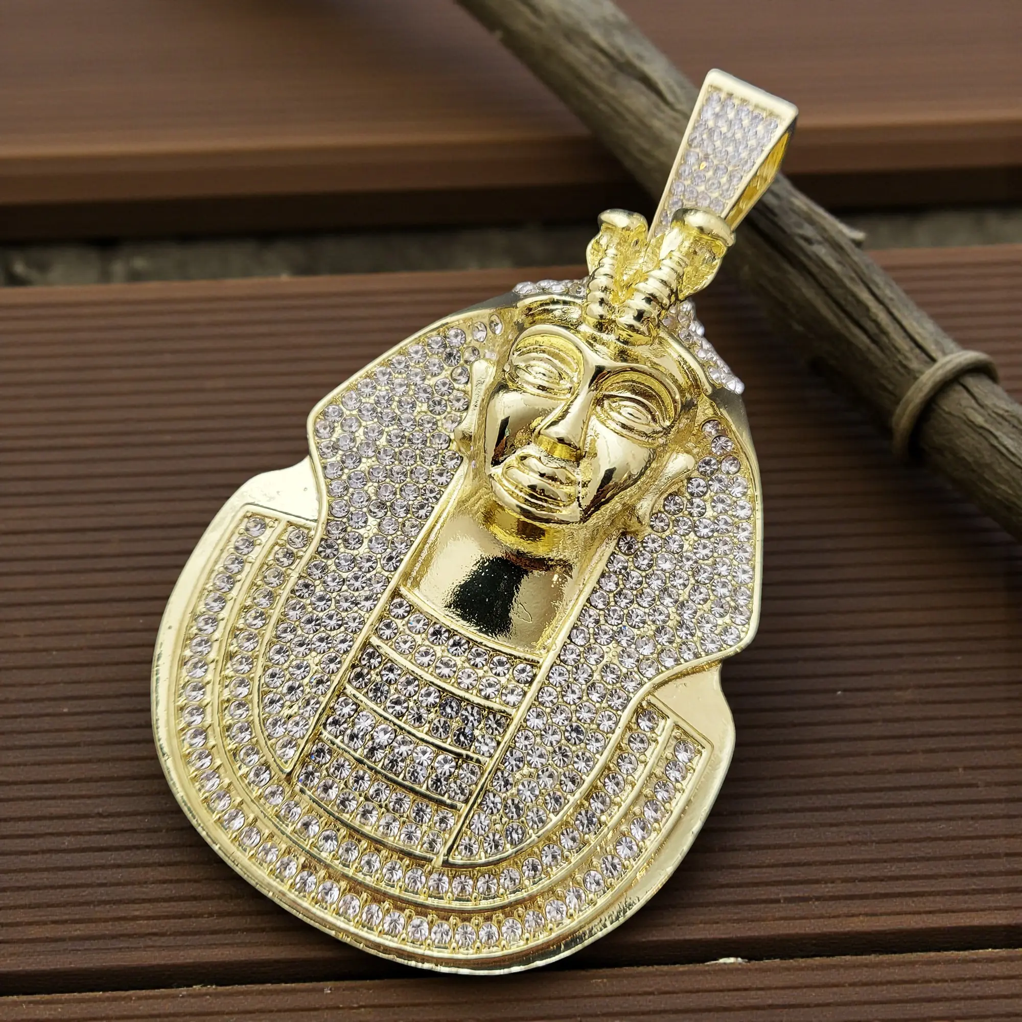 MaxBling81 Unisex Men's Jewelry Hip Hop Iced Out King Tut Pharaoh Pendant Necklace, Large Gold-Plated Charm with Cubic Zirconia