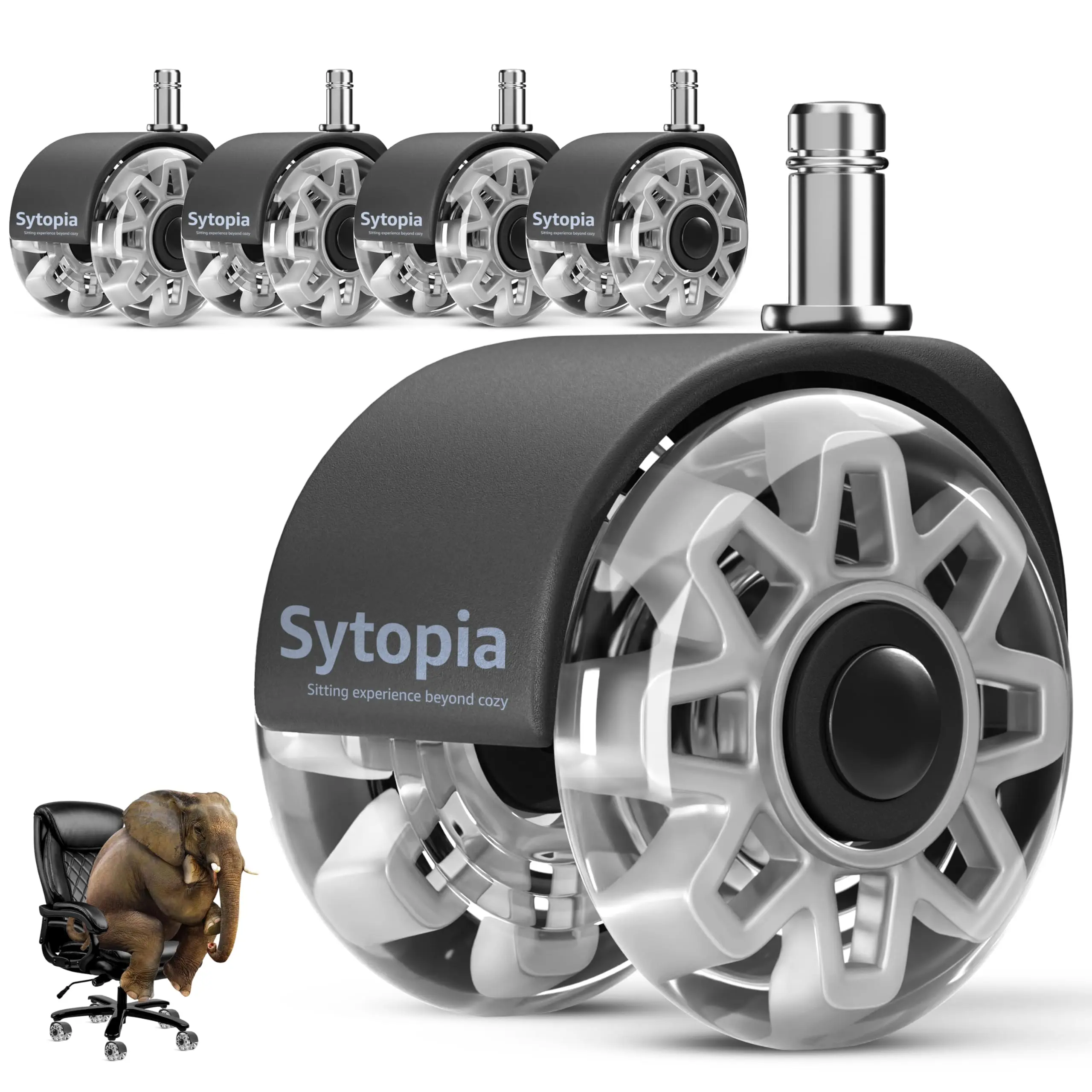SYTOPIA 2.5 Inch Office Chair Replacement Wheels - Heavy-Duty Steel+Polyurethane Furniture Moving Wheel Set of 5, 11x22 mm Universal Size Fits 99% Seats, Glides on Carpet & Hardwood Floors (Replaces Mats) for Office Chair Upgrade, Office Chair Wheel Upgra