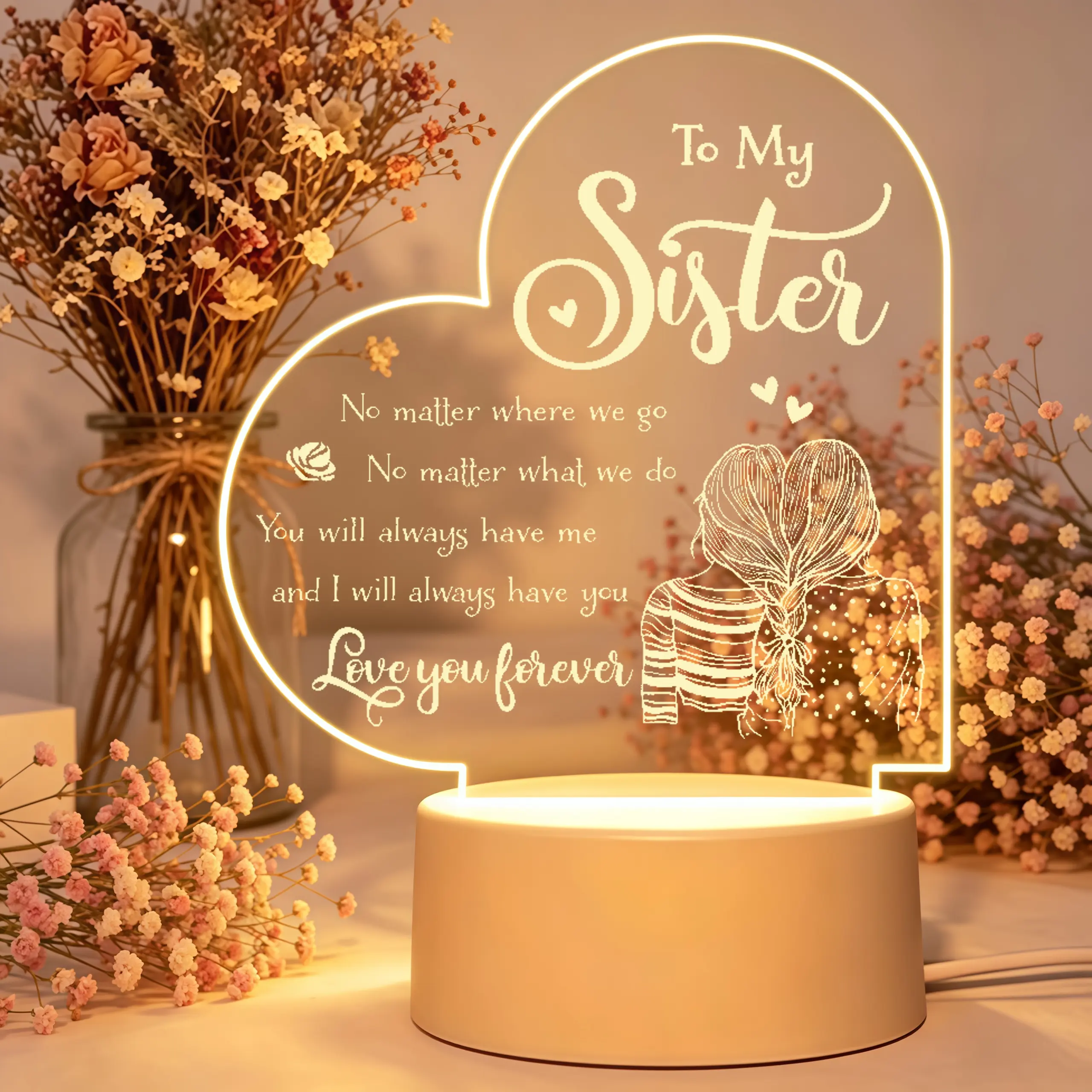 Heart Shaped Sisters Silhouette Engraved Acrylic LED Night Light - Warm Glow, Sentimental Design, Thoughtful Gift for Sister to Express Deep Bonds (Birthday, Christmas Festive Decor)