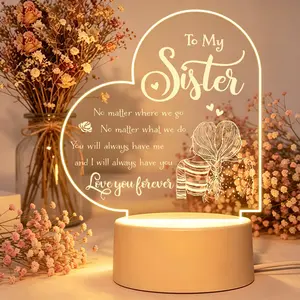 Heart Shaped Sisters Silhouette Engraved Acrylic LED Night Light - Warm Glow, Sentimental Design, Thoughtful Gift for Sister to Express Deep Bonds (Birthday, Christmas Festive Decor)
