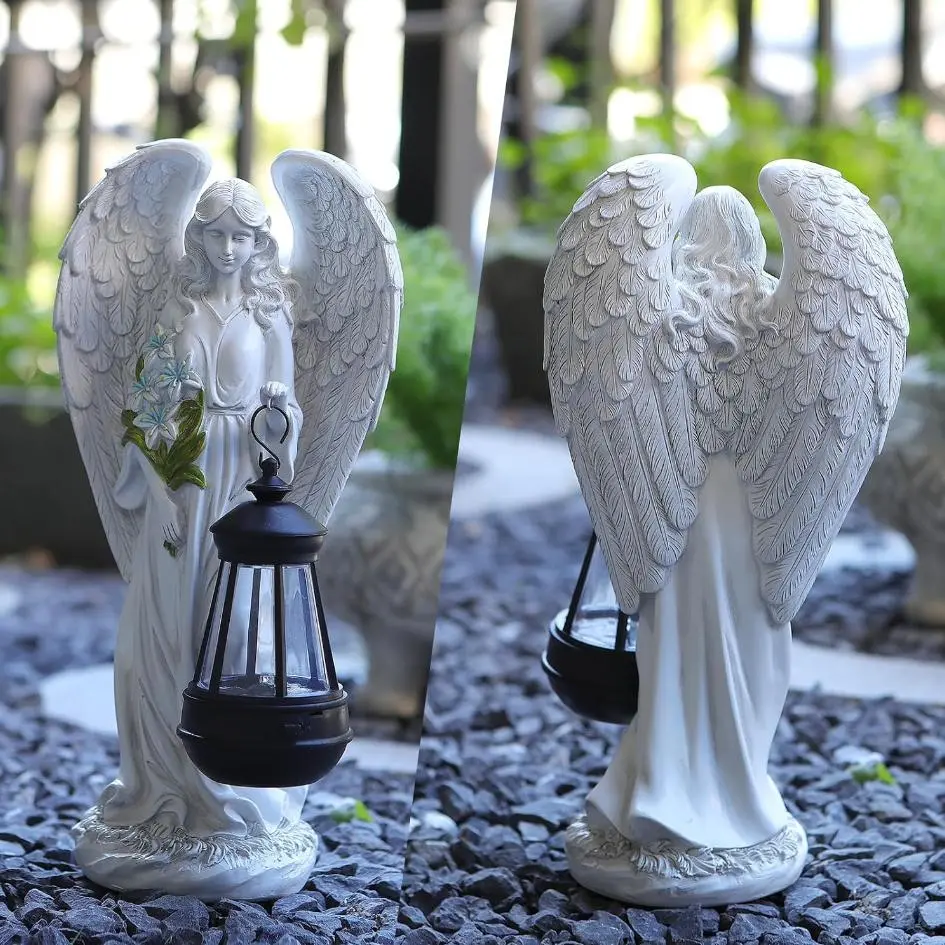 Solar Powered White Resin Angel Garden Statue, Flower Bouquet-Holding Figurine, Memorial Yd Ornament, Patio Lawn Decor for Home Improvement Garden Supplies