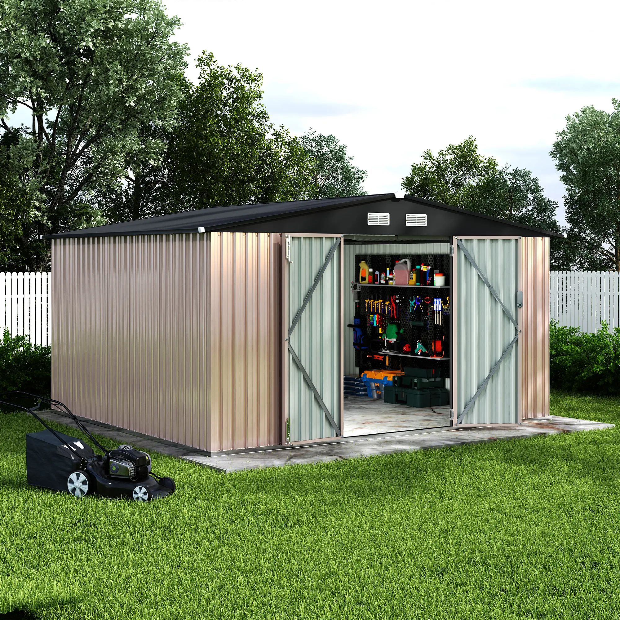 Durable Metal Garden Shed - 10x12x6.4 ft Steel Outdoor Weatherproof Storage Shelter Shed, Backyard Lockable Doors & Air Vents for Patio, Lawn, Durable Garden Shed