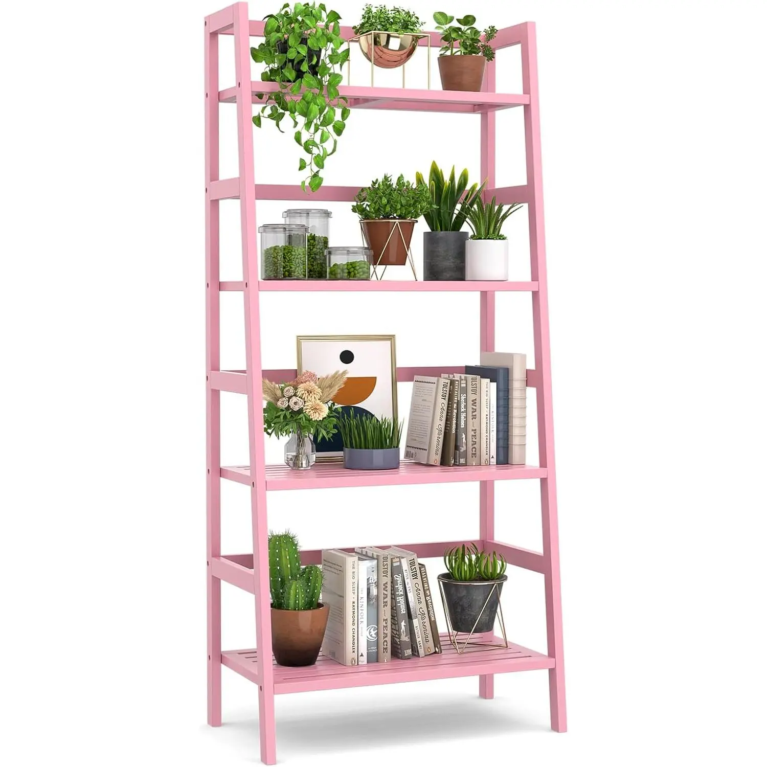 Ladder Bookshelf, 4-Tier Ladder Shelf Open Book Shelf Freestanding Bookcase Bathroom Storage Rack  Stand for Living Room, Bedroom, Office, Easy Assembly, Pink