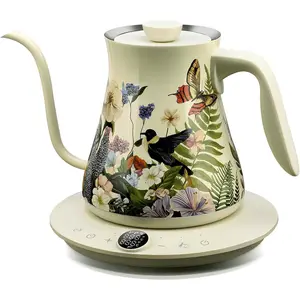 0.8L Gooseneck Electric Kettle, Precise Temperature Control for Pour Over Coffee & Tea, 1200W Fast Boiling Water, Auto Shut Off, Scheduling, Stainless Steel, Floral Painted Design