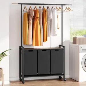 Laundry Sorter 3 Section Laundry Hamper Sorter with Clothes Hanging Rod and Wooden Storage Shelf 3 X 13gal Laundry Basket Organizer for Laundry Room Organization Storage Baskets