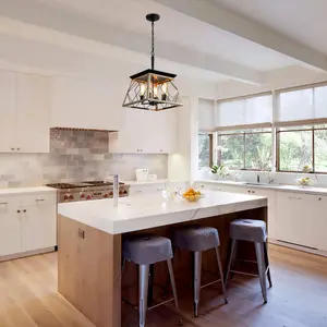 16" Oak Industrial 4-Light Pendant Chandelier, Modern Metal Cage Design, Adjustable Hanging Light for Dining Room, Kitchen, Living Room (No Bulbs)