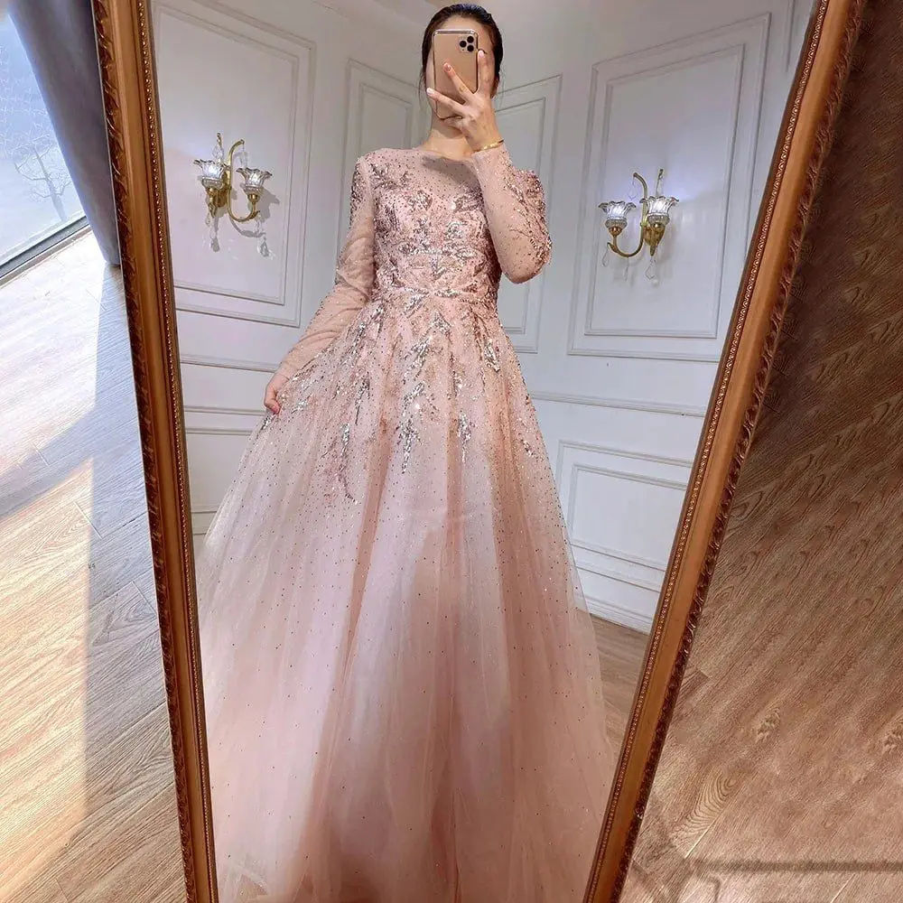Gold A-Line Beaded Sparkle Muslim Luxury Evening Dress 2025 - Gown for Women's Party