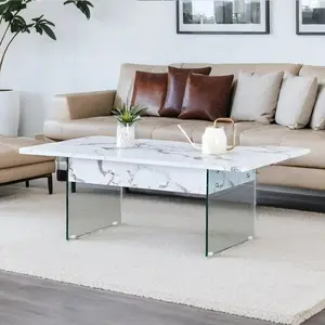 Multifunctional Lift Top Coffee Table with White Marble Pattern, Clear Glass Legs & Hidden Storage – Modern Design for Living Room or Office