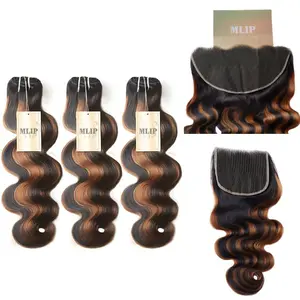 MLIP 5x5/13x6 HD Closure With 3 Bundles Black Brown Highlight Body Wave 100% Virgin Hair Bundles Silky Soft Double Wefted Raw Indian Hair