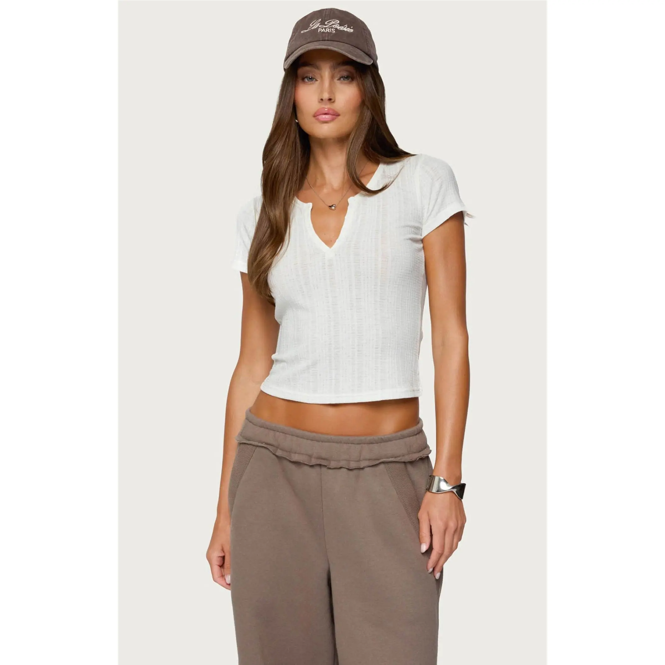 Edikted Women's Semi Sheer Ribbed V Neck T-Shirt