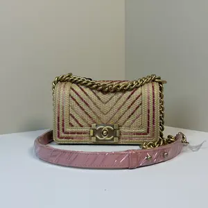 Pre-owned CHANEL France Crossbody Bags Le Boy Small Seasonal Limited Edition Chain Shoulder Bag — Raffia Weave with V Stitch Embroidery 866