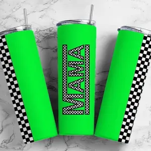 Lime green mama checkered 20oz tumbler with lid and straw