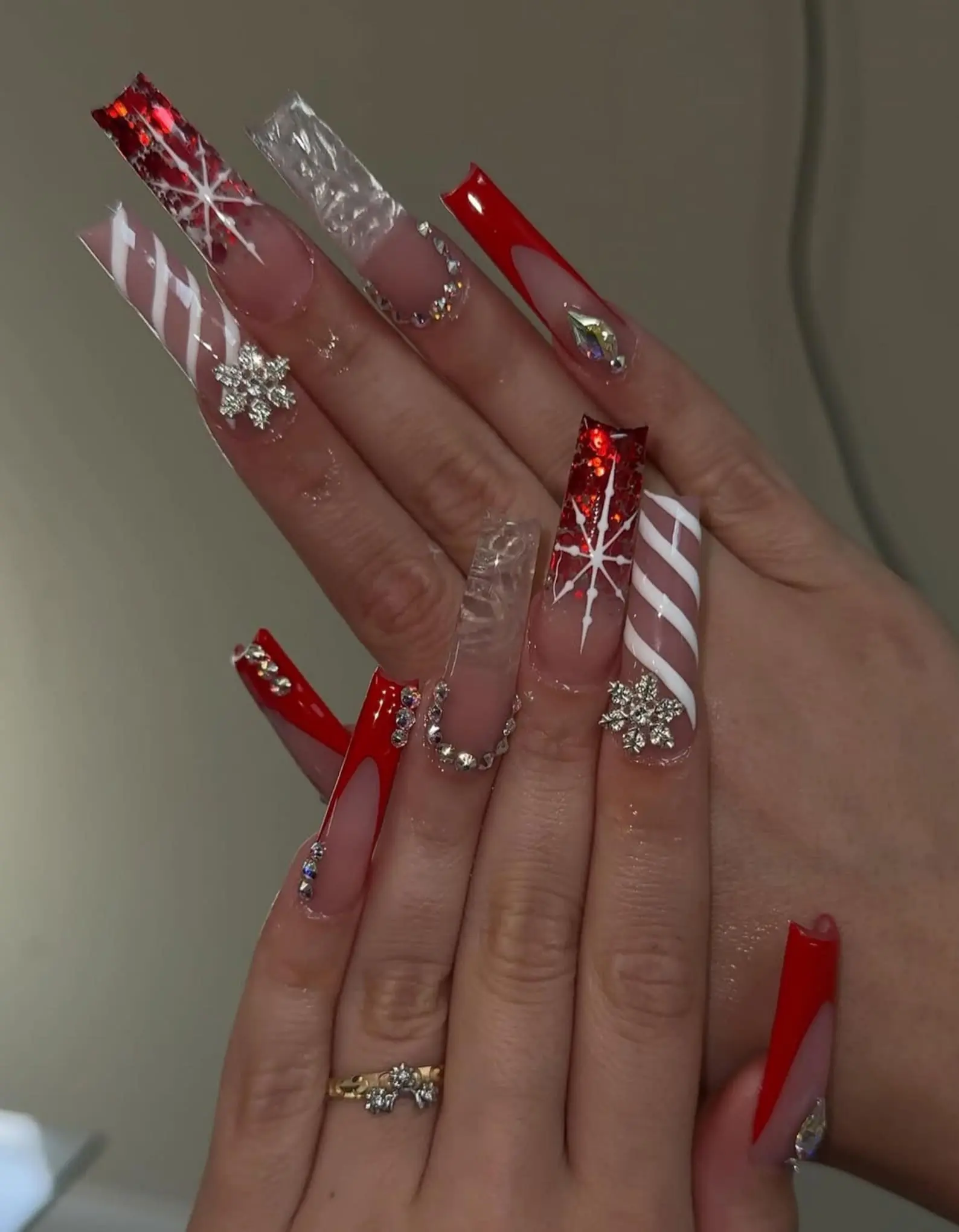 Frosted Crystal Christmas Press On Nails, Red Candy Cane Nails, Snowflake Winter Nail Art, Luxury Holiday Nails, Long Press Ons