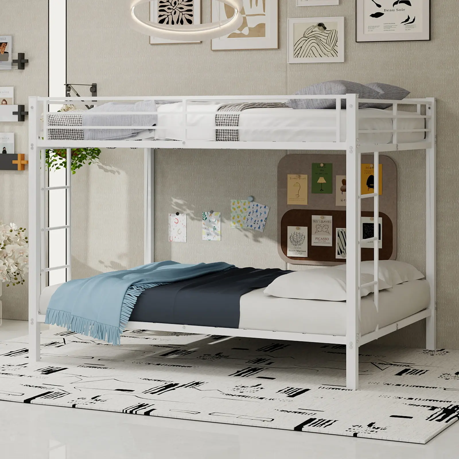Full Over Full Bunk Bed with Square Tube Metal Frame, Heavy Duty Iron Bunk Bed for Kids Teens Adults, Space Saving Vertical Bed Frame for Bedroom, Guest Room, Dormitory, White Finish, No Box Spring Needed, Bedroom Furniture for Bedroom