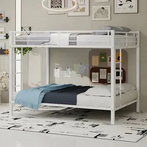 Full Over Full Bunk Bed with Square Tube Metal Frame, Heavy Duty Iron Bunk Bed for Kids Teens Adults, Space Saving Vertical Bed Frame for Bedroom, Guest Room, Dormitory, White Finish, No Box Spring Needed, Bedroom Furniture for Bedroom