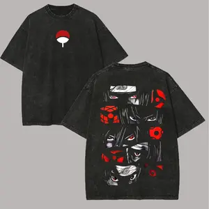 Uchiha Sharingan T Shirt Naruto Men Acid Wash Back Print Eyes Anime Graphic Cotton Streetwear Sasue Itachi Vintage Bootleg Tee