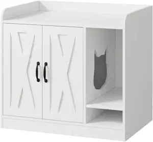 Cat Litter Box Enclosure,Hidden Litter Box Furniture with Divider,Indoor Cat House,Wooden Cat Washroom Storage Cabinet Bench, Side End Table Nightstand, 33.07"L × 23.62"W × 23.92"H,White