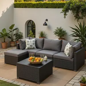 Patio Furniture Set, 5PCS Outdoor Sectional with Ottoman Wicker Rattan Patio Furniture with Thickened Cushion Modular Wicker Patio Conversation Set with Glass Top Table for Balcony, Backyard