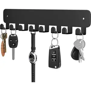 Key Holder Wall Mount, Adhesive Key Rack with 8 Hooks Hanger for  Key Ring, Metal Key Chain Organizer, Black 1 Pack