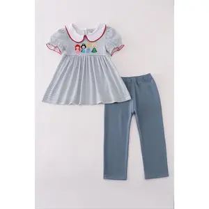Blue princess embroidery stripe pants set