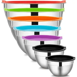 7 Piece Metal Mixing Bowls with Lids for Kitchen, Stainless Steel Set Ideal for Baking, Prepping, Cooking and Serving Food, Nesting Design for Space Saving Storage