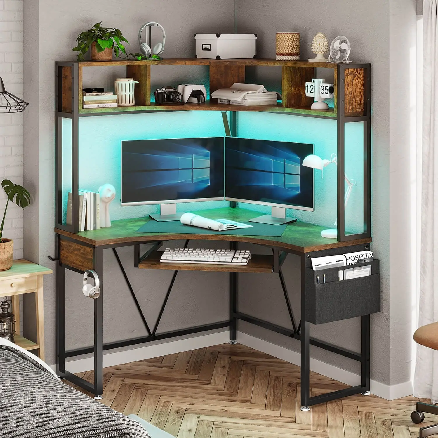 Triangle Corner Small Computer Desk with Keyboard Tray Brown