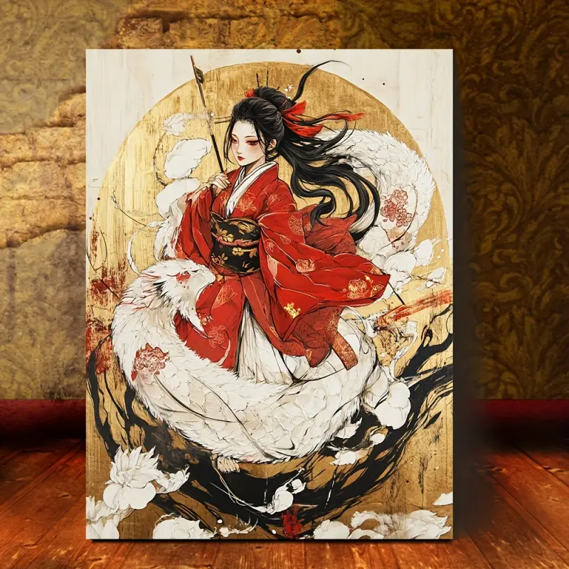 1 Piece, 2D Flat Wooden Frame Canvas Wall Art Ready to Hang, Inari Shrine Japanese Goddess of Rice, Canvas Wall Decoration for Bedroom and Living Room, Framed Home Wall Decoration LLPKH26027, 2D Flat, Perfect for Room Decoration