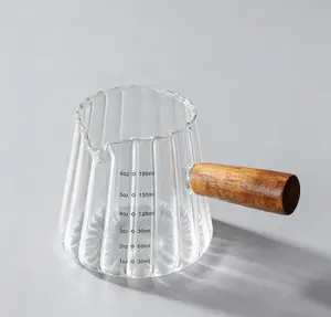 Premium Borosilicate Glass Creamer Pitcher with Wooden Handle | 180ml Heat-Resistant Coffee Milk Jug | 120°C Thermal Shock Resistant, No Cracking