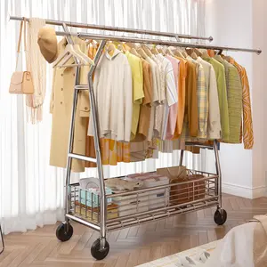 Raybee Heavy Duty Clothes Rack With Wheels , Clothing Racks for Hanging Clothes Up to 630LBS, Double Rods with Storage Basket, Portable Garment Rack for Heavy Clothes, Bedroom,Laundry, Closet, Commercial