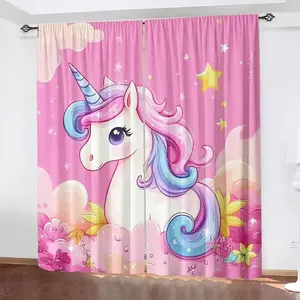2-Piece Cute Unicorn Print Curtains, Fashionable Rod Pocket Window Drapes for Bedroom & Living Room, Cozy Atmosphere Easy to Install in Cafes & Offices, Home Decoration Curtain