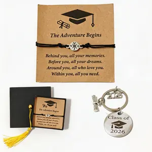 2026 Graduation Gift Set Compass Bracelet & Keychain Bundle Hypoallergenic Stainless Steel Adjustable Cord Anti-Tarnish Meaningful Jewelry for Class of 2026 Graduates
