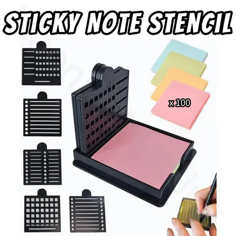Reusable Sticky Note Stencil & Holder Set - Compact and Practical Black ABS Plastic Office Desk Accessories, 5 Designs, Stencil Grid, for Anyone Needing a Note Organizer, Compatible with 3x3 in Notepads