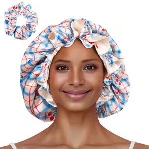 Floral Satin Bonnet with Scrunchie Set,Double Layer Ruffle Reusable Sleeping Shower Cap for Curly Hair