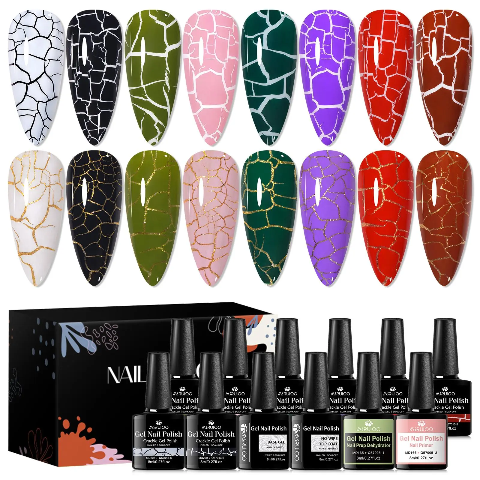 Crackle Gel Nail Polish Set, Nail Products 12pcs/set Fashion Tendency Cracked Effect, Soak Off DIY Salon Nail Art Manicure Perfect for Gifts, Holiday Manicures