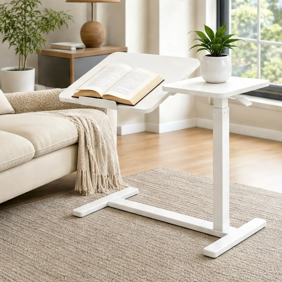 Mobile Adjustable Standing Desk, White Wood+Metal Pneumatic Height Adjustable Tiltable Laptop Computer Desk with Lockable Casters, Portable Sit Stand Rolling Workstation for Home Office, Bedroom, Living Room, 15.7"W x 27.6"D x 43"H