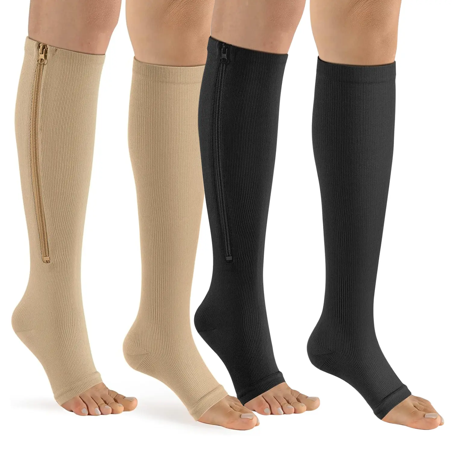 1Pair Knee High Open-Toe Zippered Compression Socks,Nylon Material,Comfort,Relieves,for Work,Sports,Running,Daily Wear