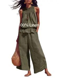 2pics Women's Spring & Summer Elegant Commute Fashion Loose Retro Bohemian Ruffle Linen 2pcs Set