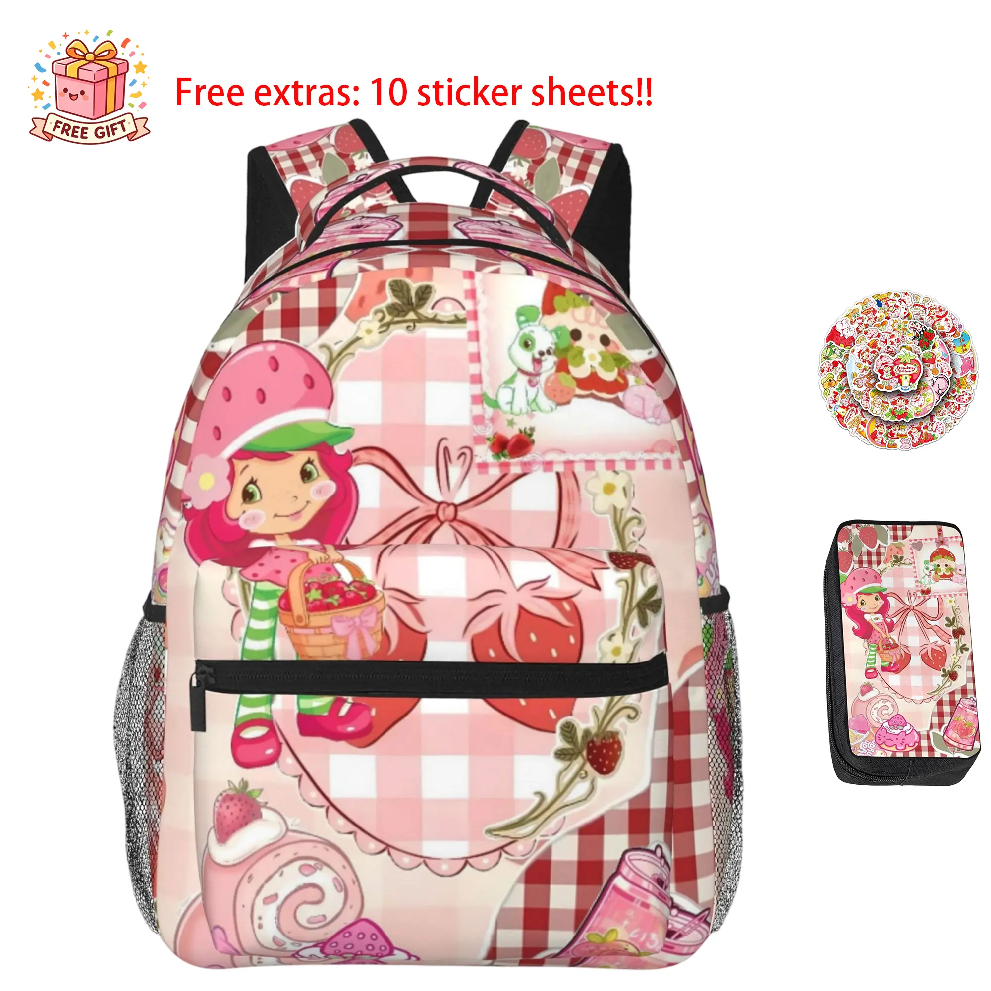 Cute Strawberry Shortcake Backpack with Pencil Case - 17in Laptop Daypack, Lightweight Zipper Thermal Reusable, Front Pocket, Back to School Haul, Camping, Clothes-Carrying Casual Bag, Ideal Gift for Cartoon Fans