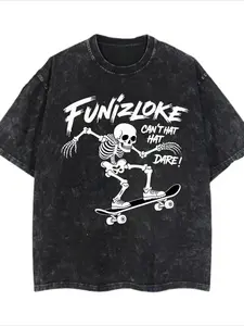 Skeleton Skateboard Graphic T-shirt for Men, Distressed Washed Crew Neck Short Sleeve Casual Tee, Stylized 'FUNIZLOKE' and 'CAN'T THAT HAT DARE!' Print with Golden, Easter, Music Festival, Mother's Day Gifts, Christianity