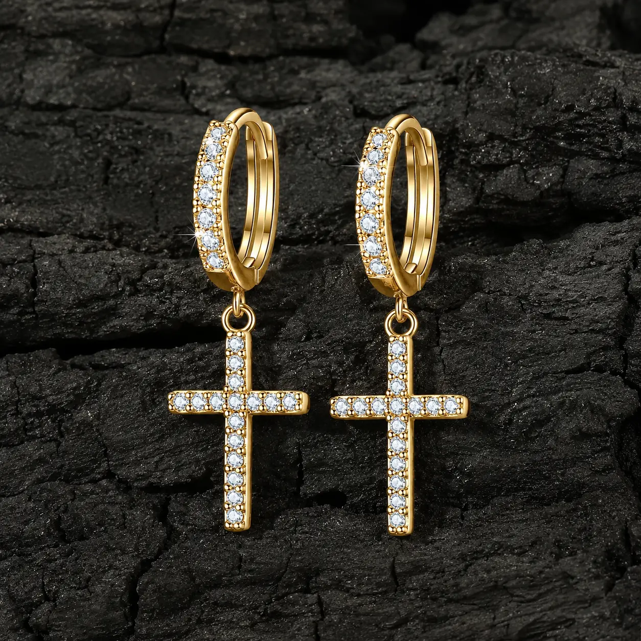 14K Gold Plated Cubic Zirconia Ear Hoops - Unisex Lightweight Unique Design Earring Stacks Gold Set with Hanging Dangle Cross, High-Shine Camera-Ready Costume Jewelry for Bridesmaids, Birthday, Casual, Christmas