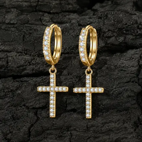 14K Gold Plated Cubic Zirconia Ear Hoops - Unisex Lightweight Unique Design Earring Stacks Gold Set with Hanging Dangle Cross, High-Shine Camera-Ready Costume Jewelry for Bridesmaids, Birthday, Casual, Christmas